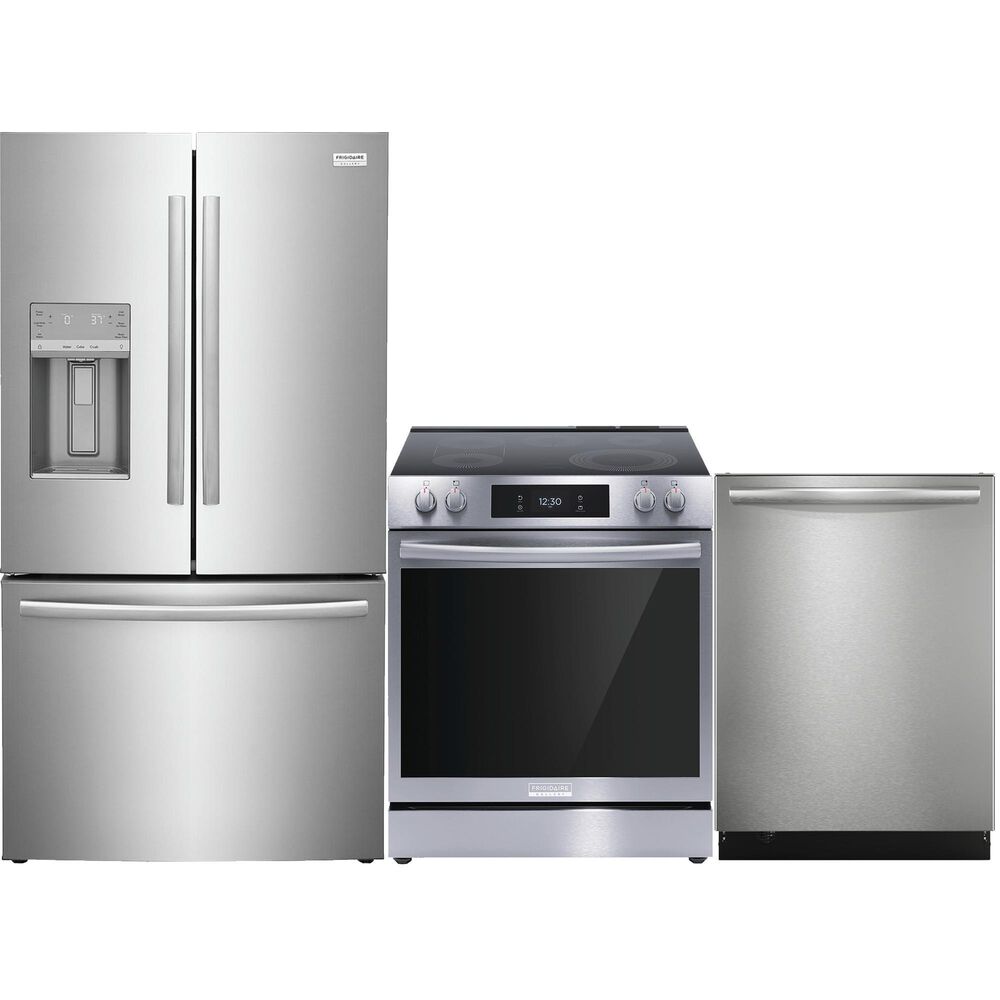 Frigidaire Gallery 3 Piece Kitchen Package with 27.8 Cu. Ft. French Door Refrigerator, 30" Front Control Electric Range with Total Convection, and Built-In Bar Handle Dishwasher with CleanBoost in Stainless Steel, , large