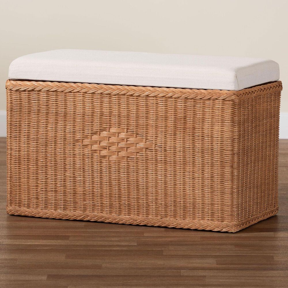 Baxton Studio Eamon Storage Bench with Brown Rattan in Cream, , large