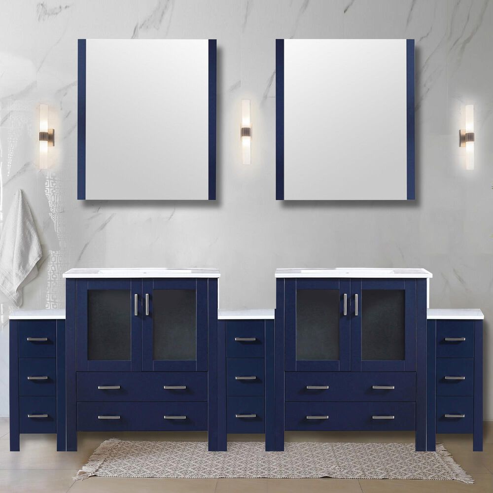Lexora Home Volez 96&quot; Double Bathroom Vanity in Navy Blue with 2 cm White Ceramic Top, Rectangular Sinks and Side Cabinets, , large