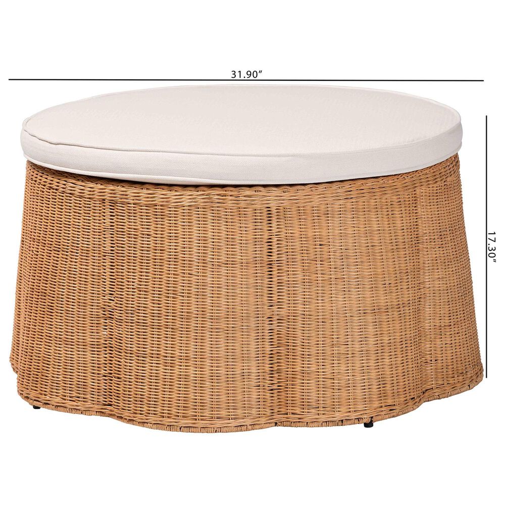 bali &amp; pari Palm 32" Round Ottoman with Light Honey Rattan in White, , large