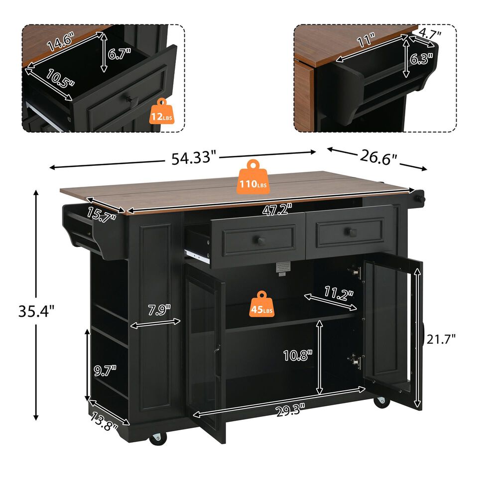 HOMLUX 54" Mobile Kitchen Island with Glass Door Storage in Walnut and Black, , large