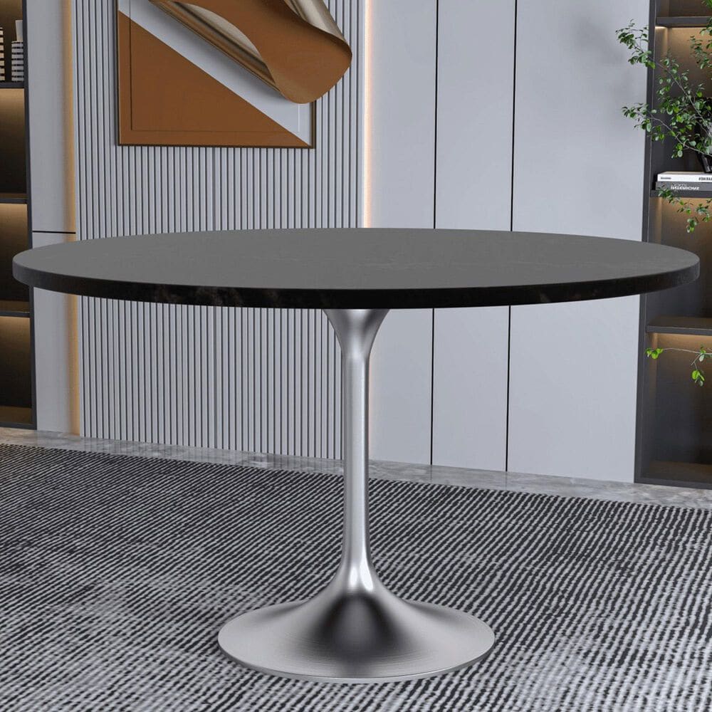 Leisuremod LeisureMod Verve Collection 48 Round Dining Table, Brushed Chrome Base with Black MDF Top, , large