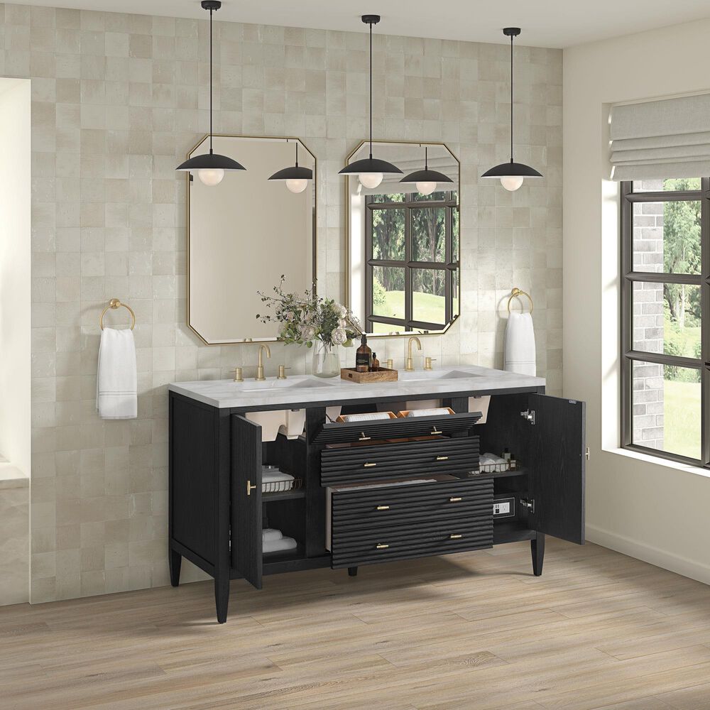 James Martin Vanities Myrrin 60" Double Bathroom Vanity in Carbon Oak with 3 cm Eternal Jasmine Pearl Silestone Top, Rectangular Sinks and FreePower Wireless Charger, , large