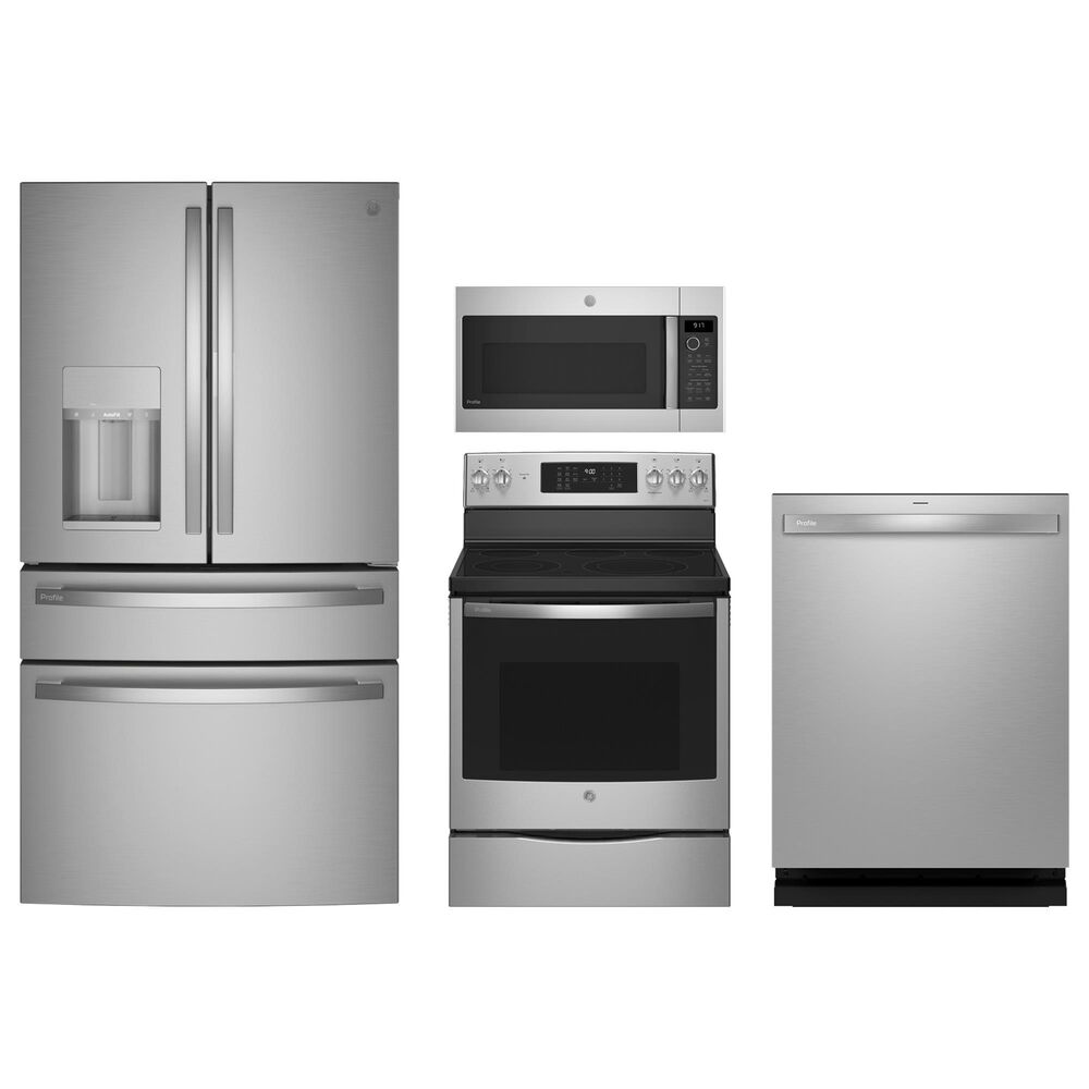 GE Profile 4-Piece Kitchen Package with 27.9 Cu. Ft. 4-Door French Door Refrigerator and 30" Smart Freestanding Electric Range in Stainless Steel, , large