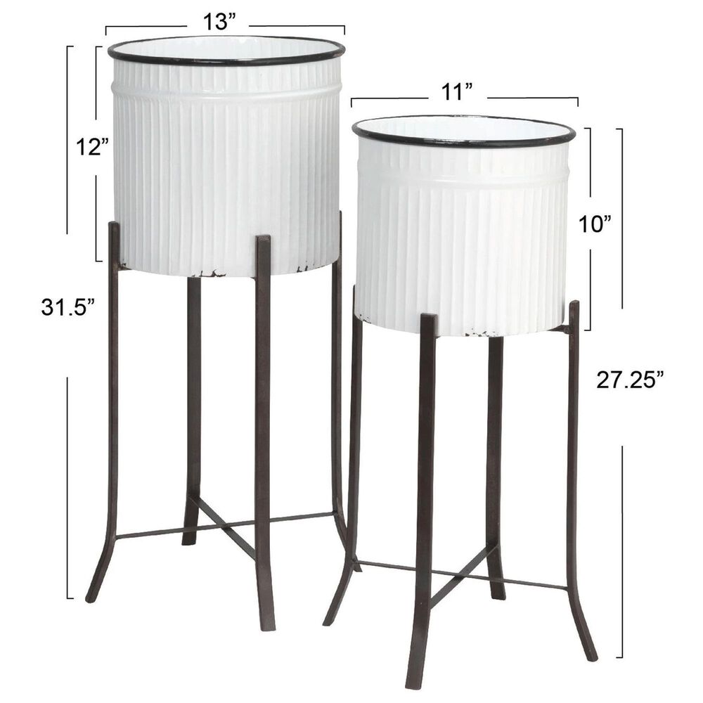 Creative Coop 2-Piece Round Metal Planter on Stand Set in White and Black, , large