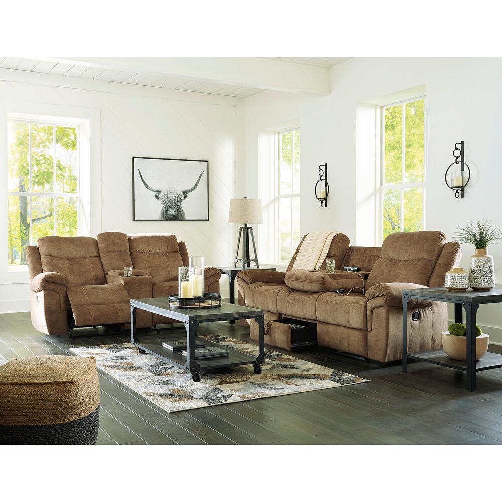 Signature Design by Ashley Huddle Double Reclining Loveseat with Console in Nutmeg, , large