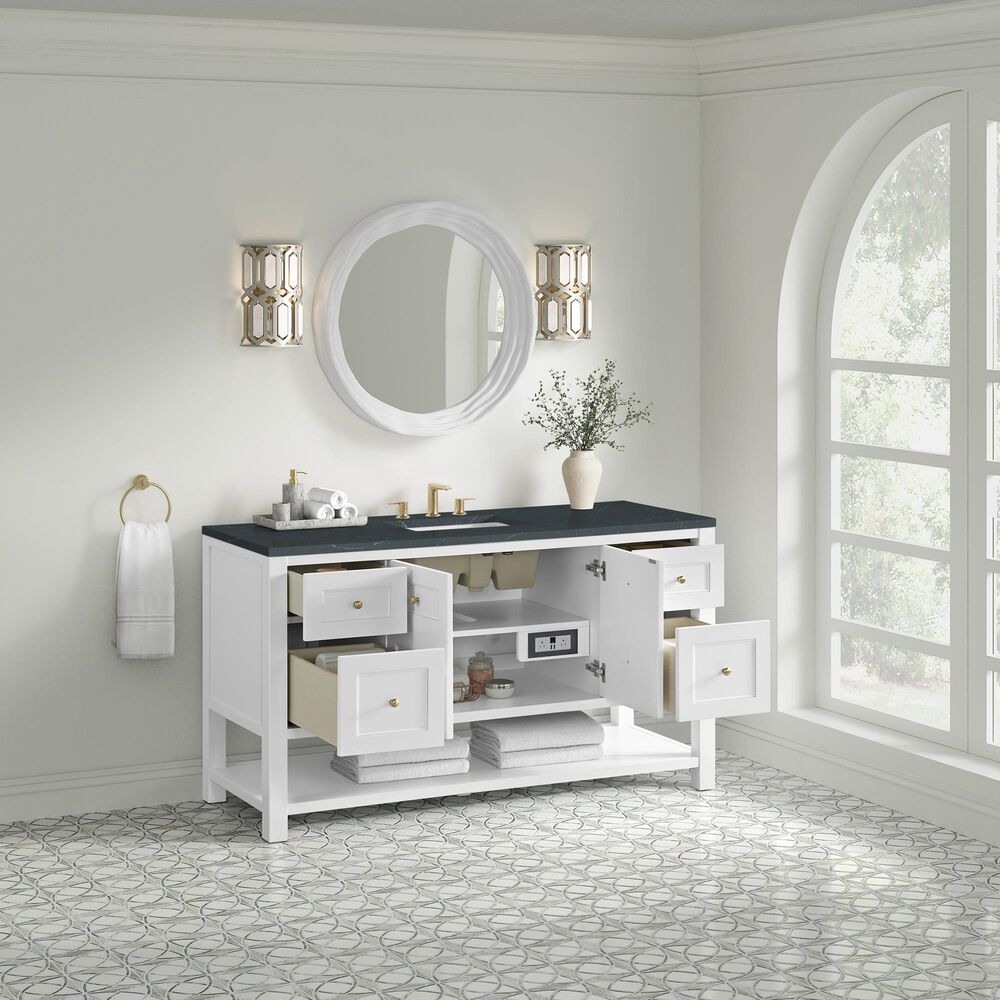 James Martin Vanities Breckenridge 60&quot; Single Bathroom Vanity in Bright White with 3 cm Charcoal Soapstone Quartz Top and Rectangular Sink, , large