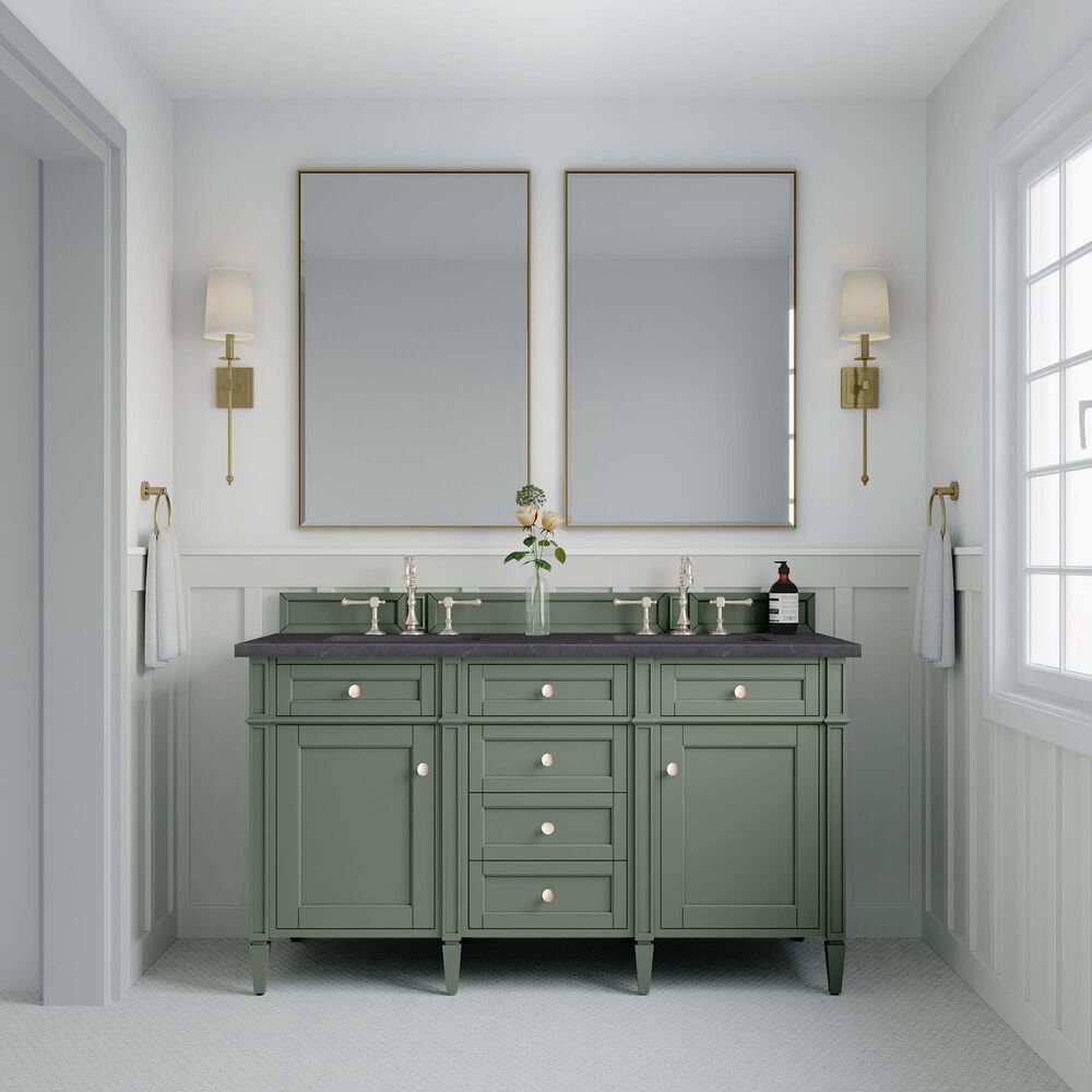 James Martin Vanities Brittany 60&quot; Double Bathroom Vanity in Smokey Celadon with 3 cm Charcoal Soapstone Quartz Top and Rectangular Sinks, , large