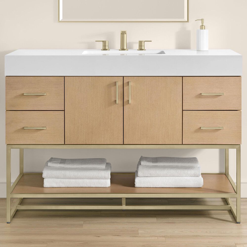 37B Mauri 48" Single Bathroom Vanity with Metal Base in Warm Oak with High-Profile 4" White Composite Stone Top, , large