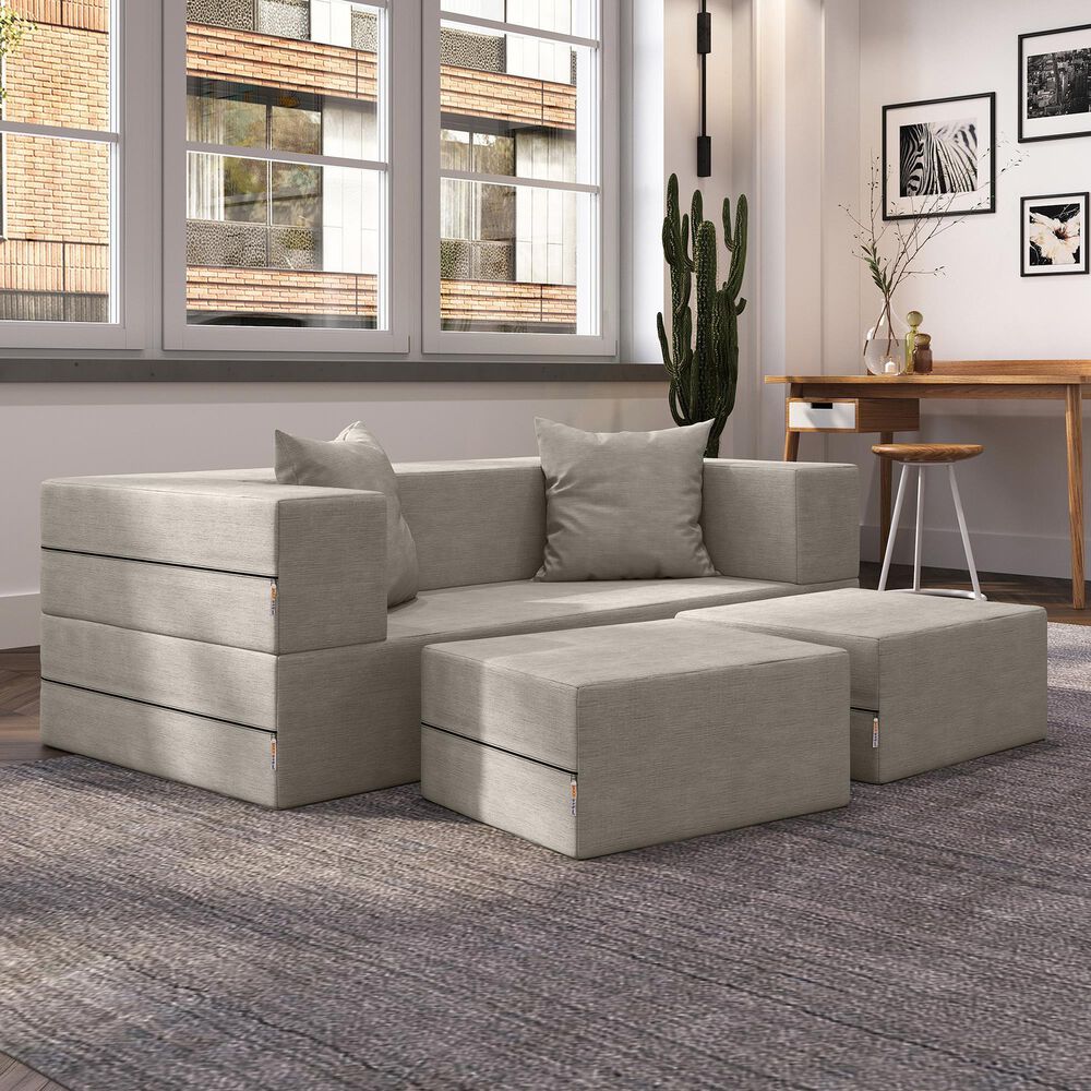 Jaxx Zipline Convertible Queen Sleeper Loveseat &amp; Ottomans in Pewter Velvet, , large