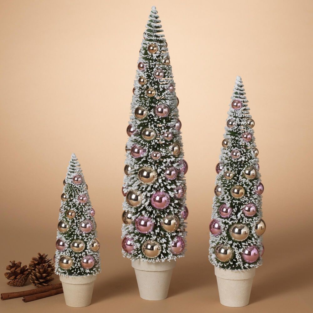 The Gerson Company 3-Piece Potted Holiday Bottle Brush Trees with Ornaments Set in Silver and Lavender Pink, , large