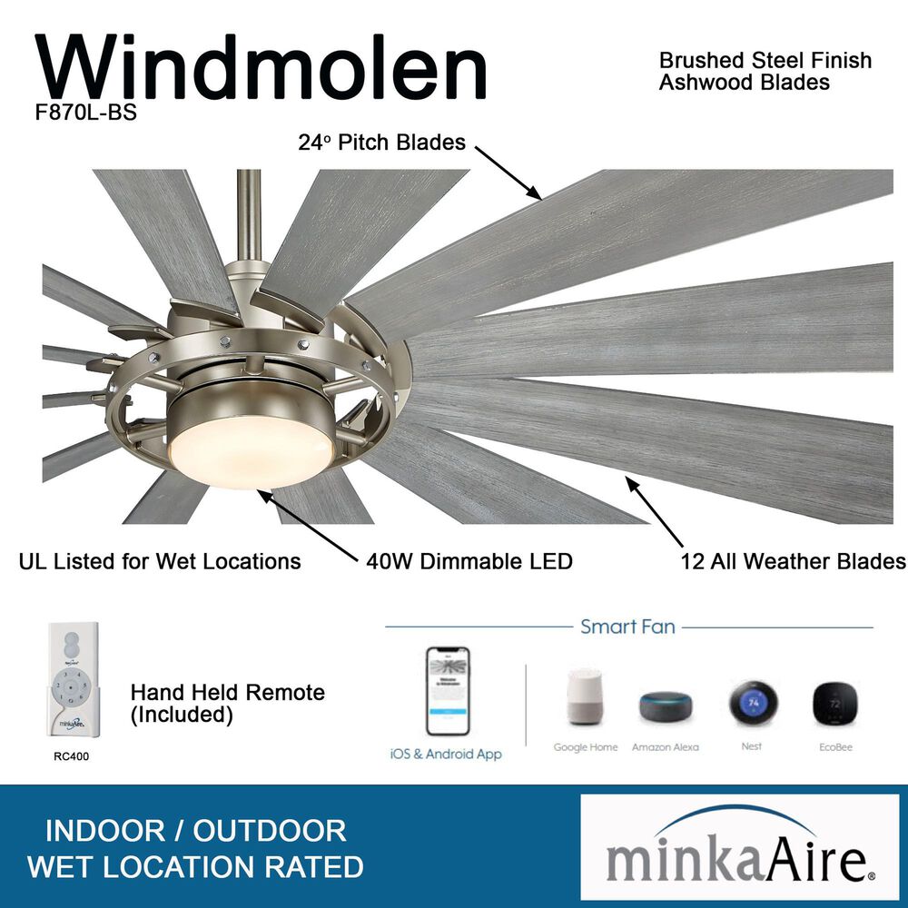 Minka-Aire Windmolen 65" Indoor/Outdoor Smart Ceiling Fan with LED Light in Brushed Steel, , large