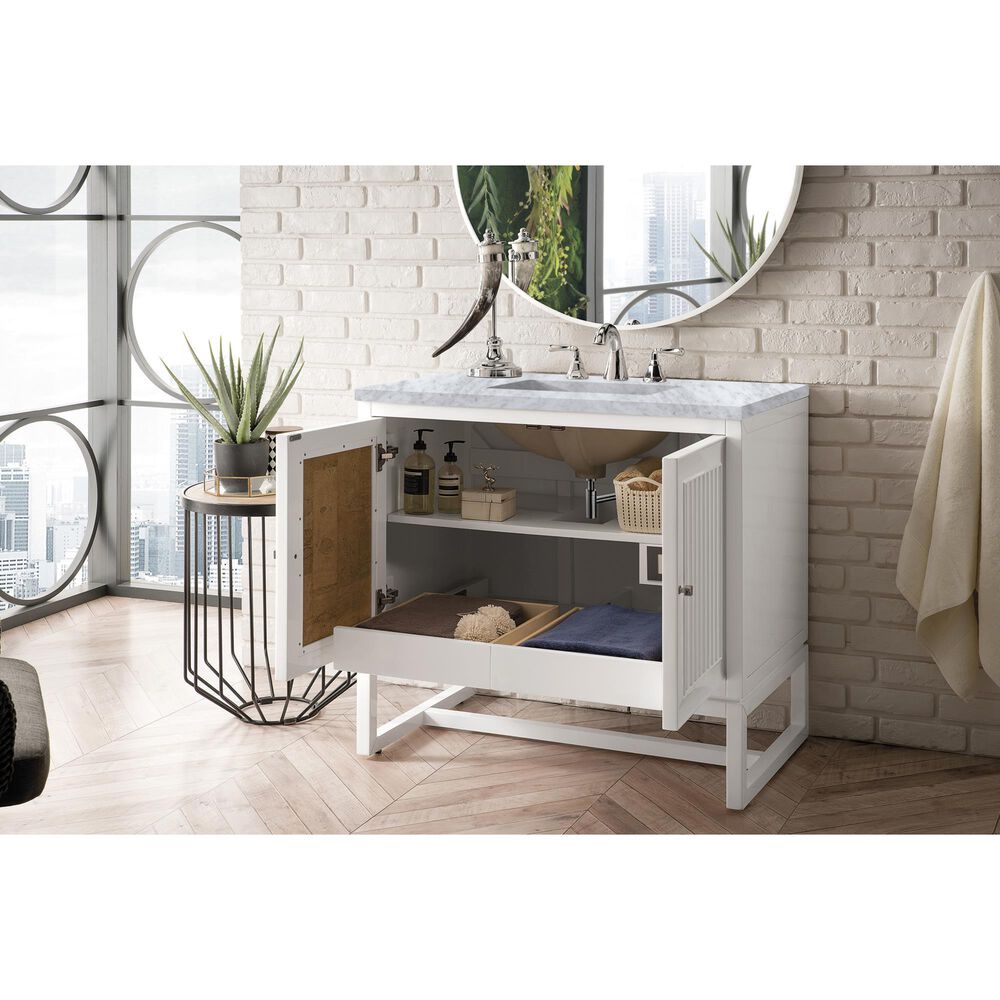 James Martin Vanities Athens 36&quot; Single Bathroom Vanity in Glossy White with 3 cm Carrara White Marble Top and Rectangular Sink, , large