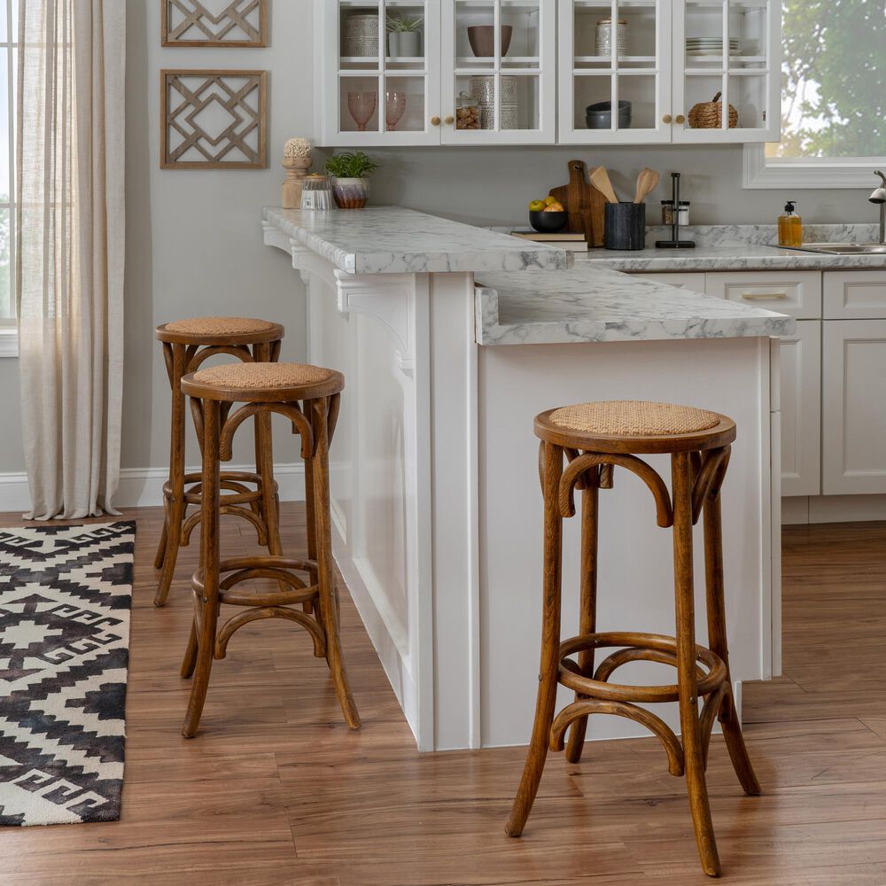 Linon Home Decor Rae Rattan Bar Stool in Rich Walnut, , large