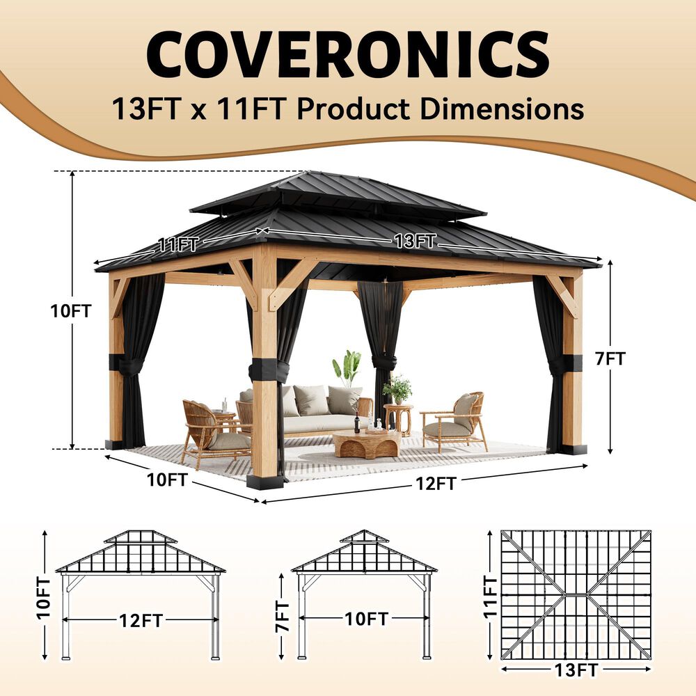 Sunwell Garden 13' x 11' Outdoor Double Roof Hardtop Wood Gazebo, , large