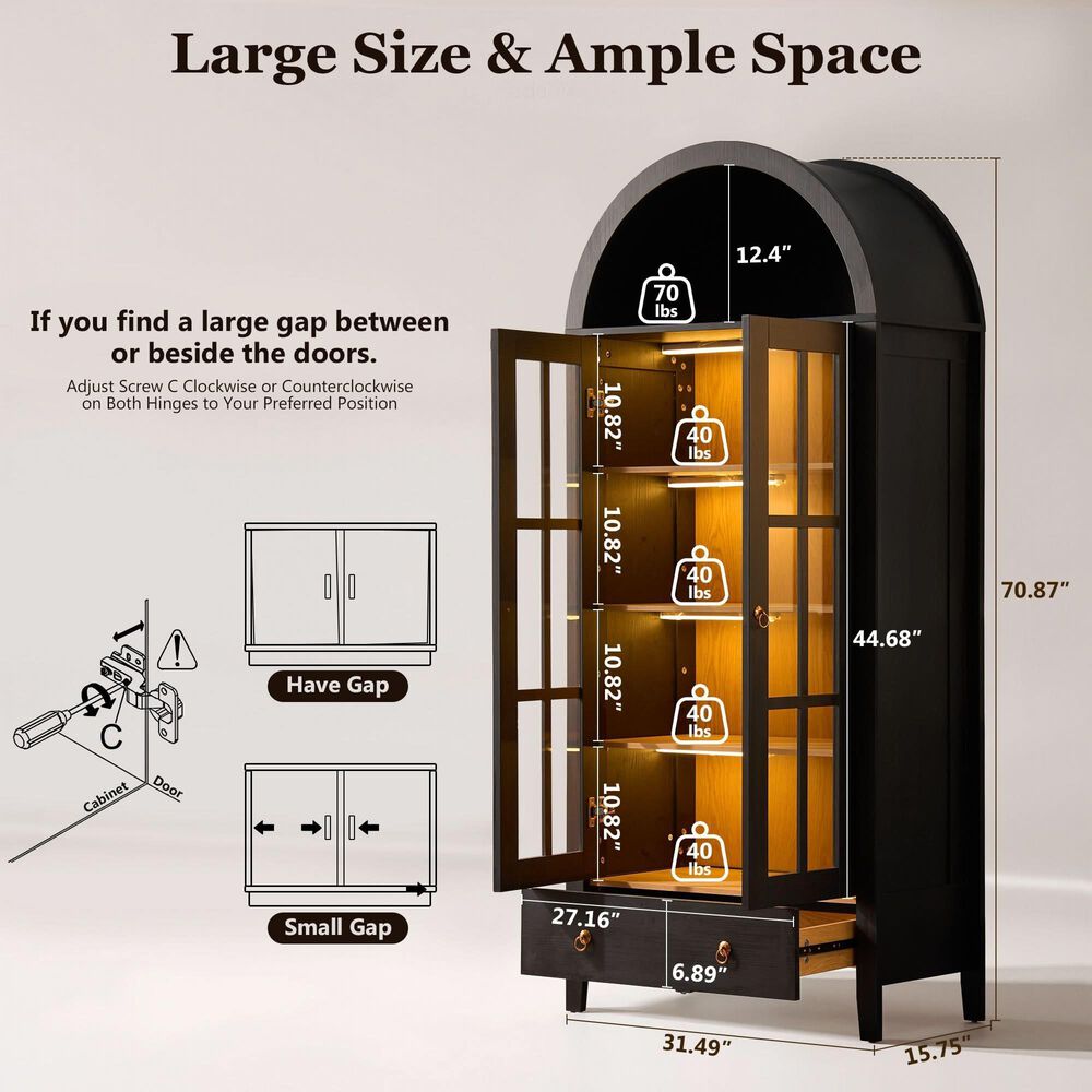 HOMLUX Arched Storage Cabinet with LED Induction Lights in Black, , large