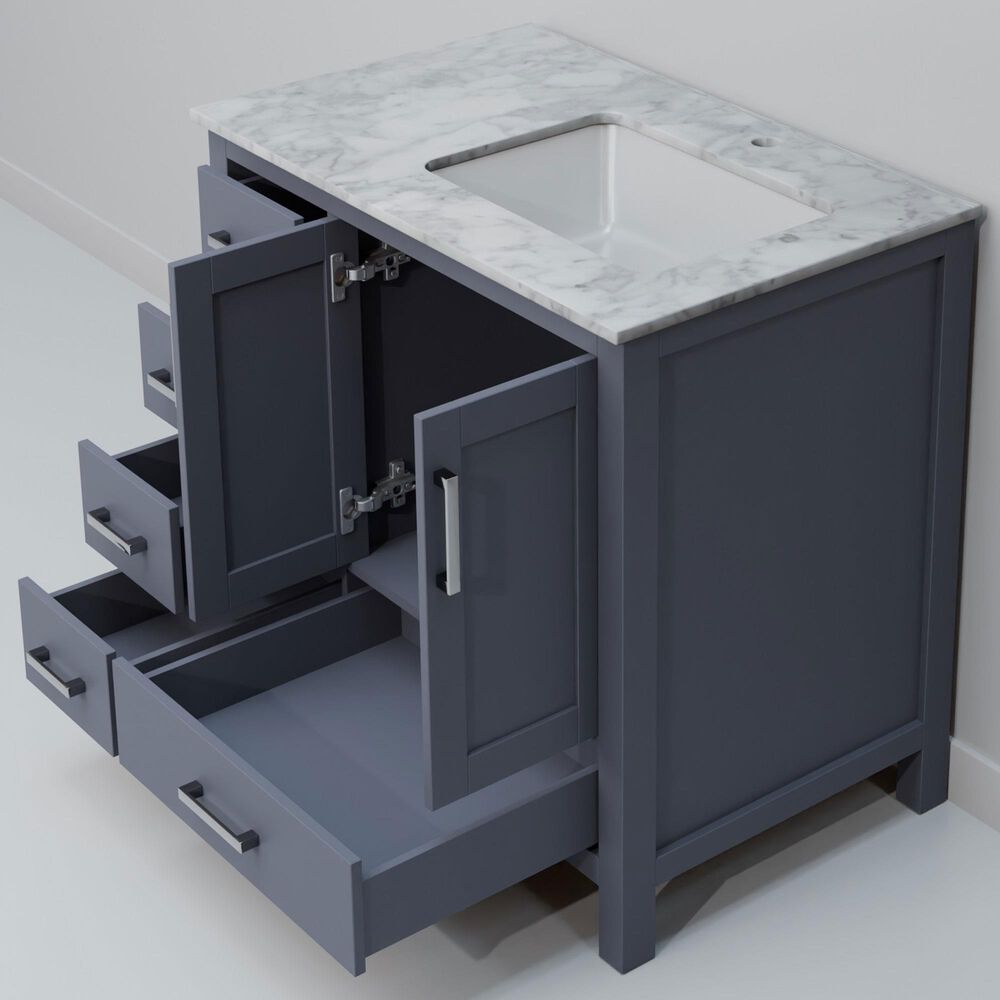 Lexora Home Jacques 36&quot; Right Offset Single Bathroom Vanity in Dark Grey with 2 cm White Carrara Marble Top and Rectangular Sink, , large
