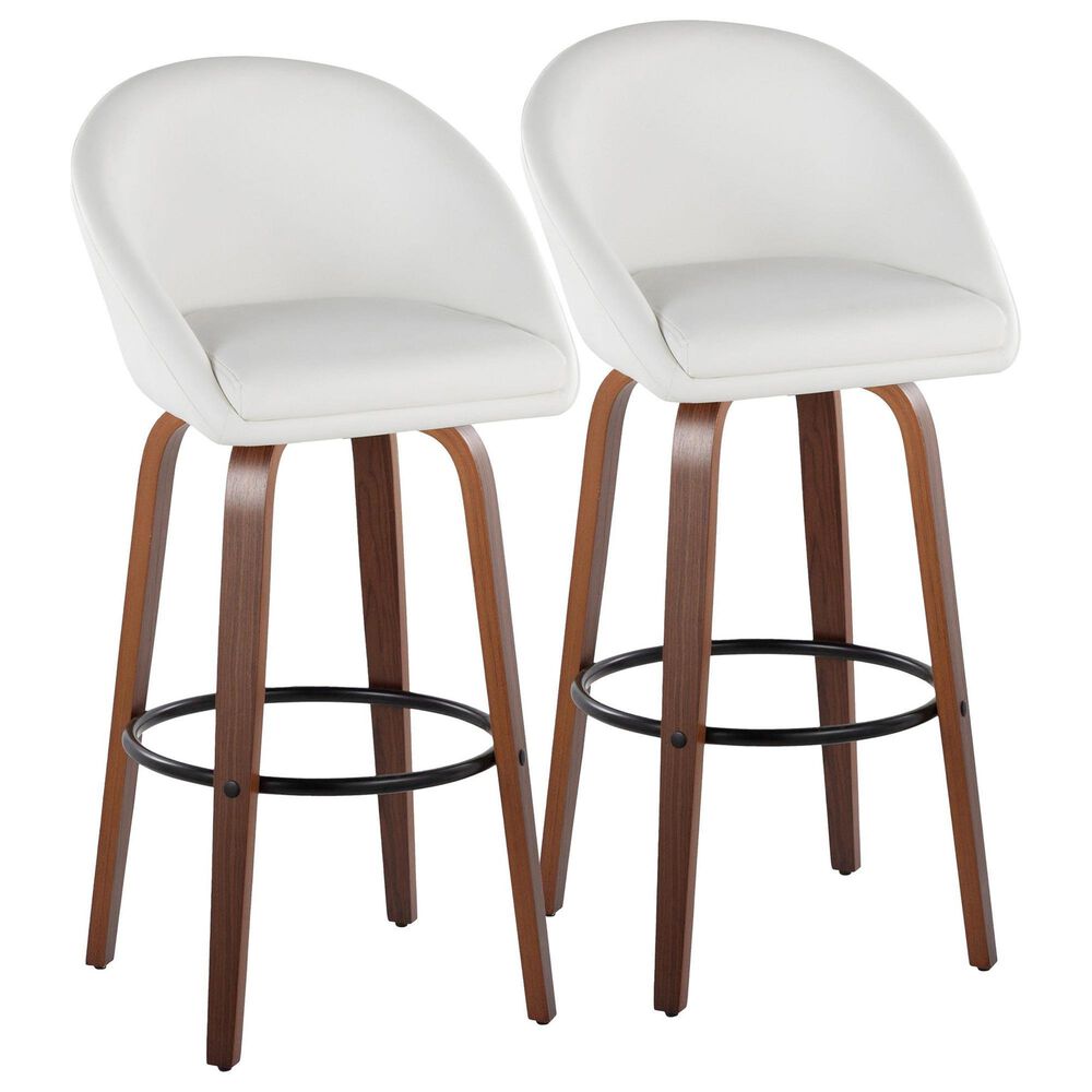LumiSource Matisse 30" Swivel Barstool with White Faux Leather Upholstery in Walnut and Black (Set of 2), , large