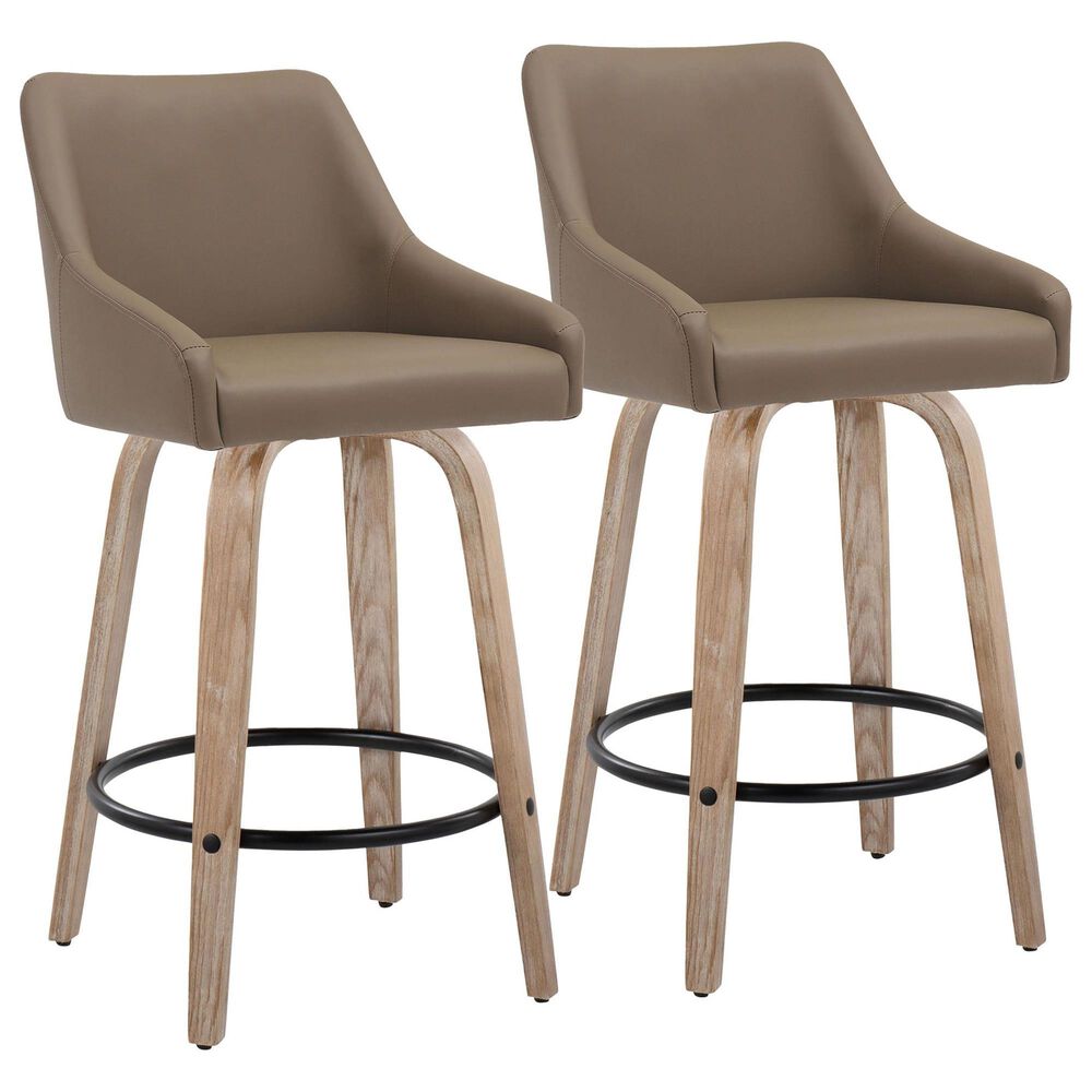 LumiSource Hannah Swivel Counter Stool with Brown Faux Leather Upholstery in Whitewashed and Black (Set of 2), , large