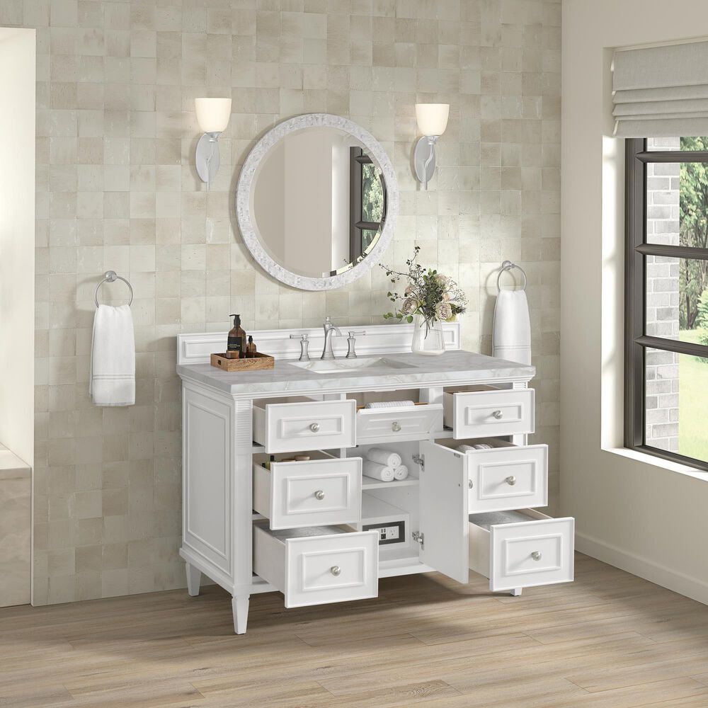 James Martin Vanities Lorelai 48" Single Bathroom Vanity in Bright White with 3 cm Eternal Jasmine Pearl Silestone Top, Rectangular Sink and FreePower Wireless Charger, , large