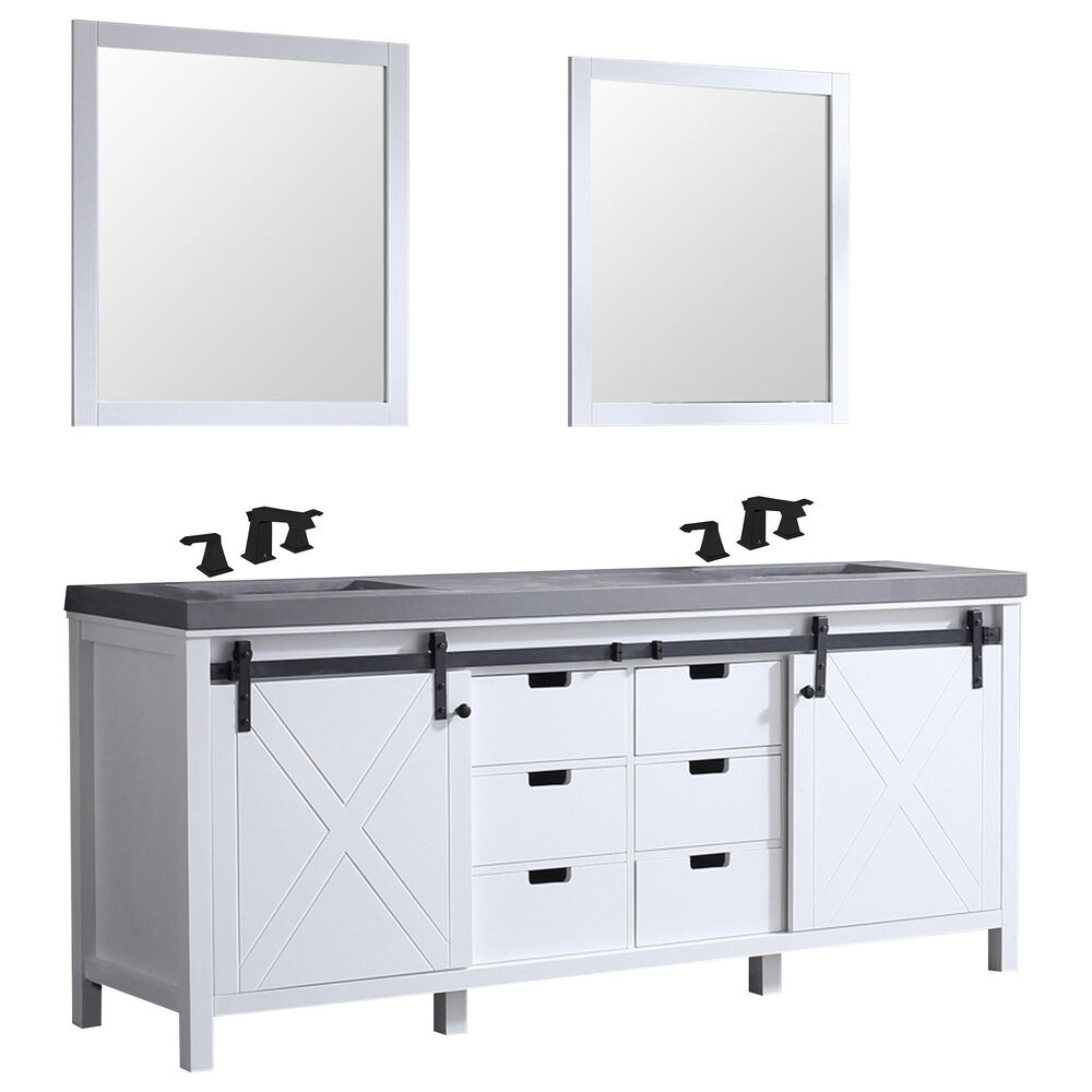 Lexora Home Marsyas 80" Double Bathroom Vanity in White with Grey Quartz Top, Rectangle Sinks, Matte Black Faucets and Mirrors, , large