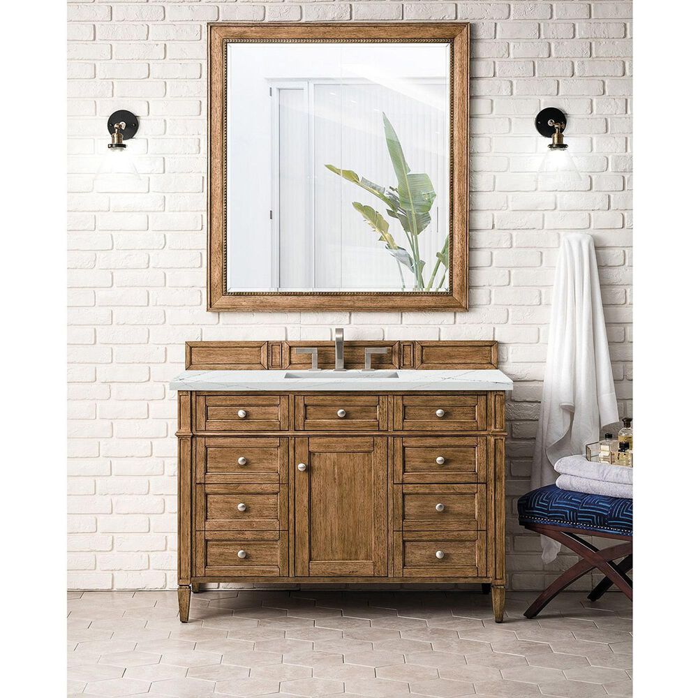James Martin Vanities Brittany 48&quot; Single Bathroom Vanity in Saddle Brown with 3 cm Ethereal Noctis Quartz Top and Rectangular Sink, , large