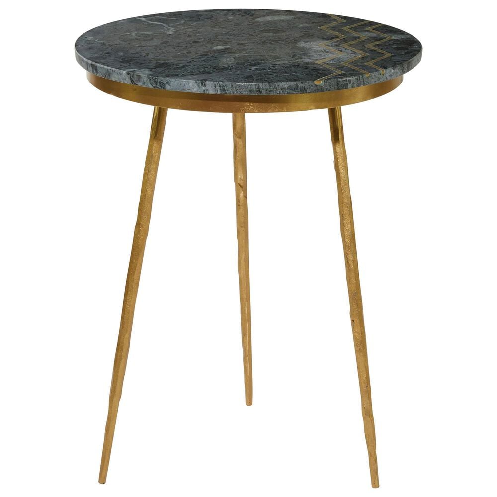 Maple and Jade Accent End Table with Metal Tripod Legs and Zig-Zag Detail in Matte Green and Satin Gold, , large