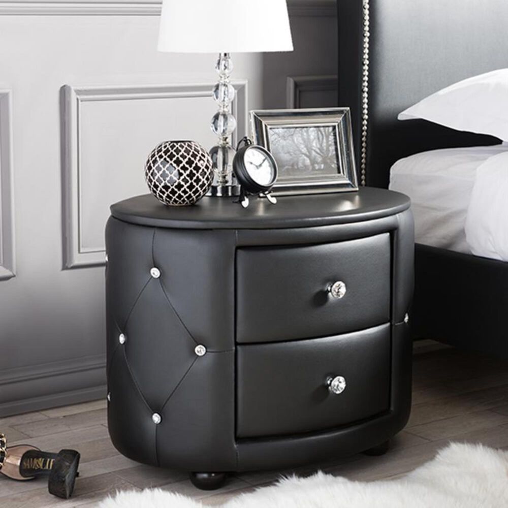 Baxton Studio Davina Holly 2 Drawer Upholstered Nightstand in Black, , large