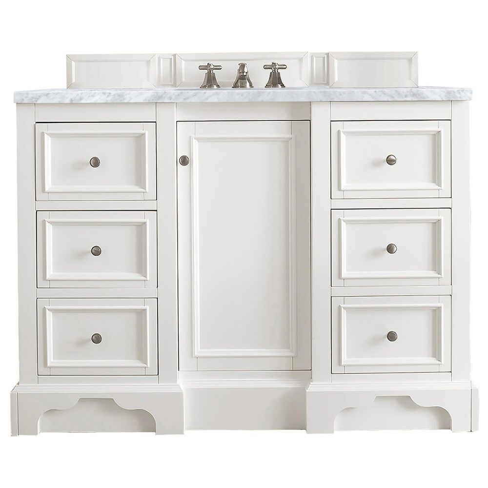 James Martin Vanities De Soto 48" Single Bathroom Vanity in Bright White with 3 cm Carrara White Marble Top and Rectangular Sink, , large