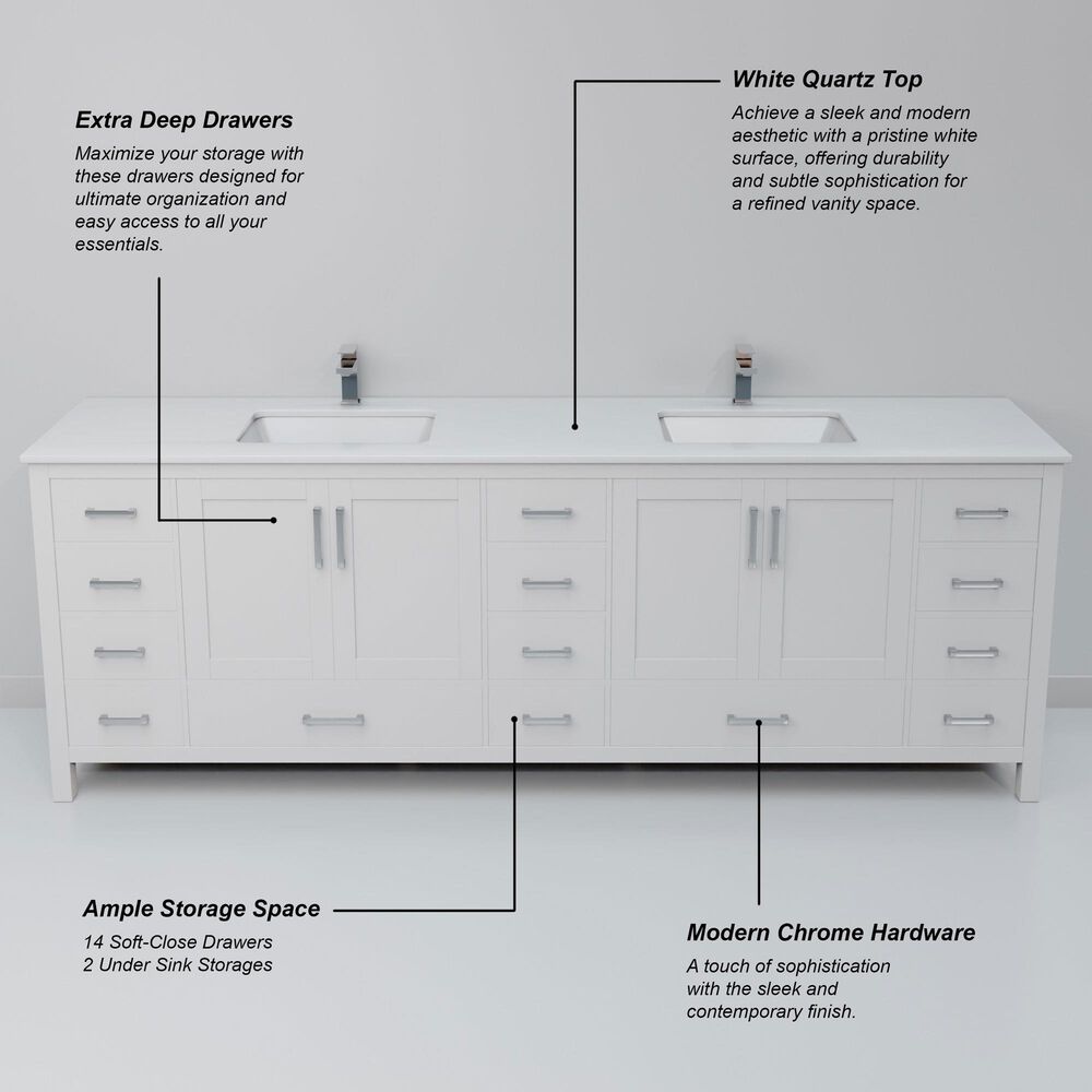 Lexora Home Jacques 84" Double Bathroom Vanity in White with 2 cm White Quartz Top and Rectangular Sinks, , large
