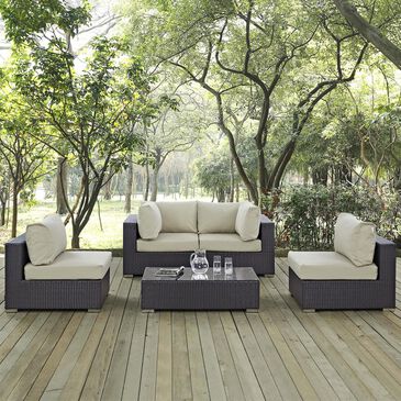 Modway Convene 5-Piece Outdoor Patio Modular Sectional Set in Espresso and Beige, , large