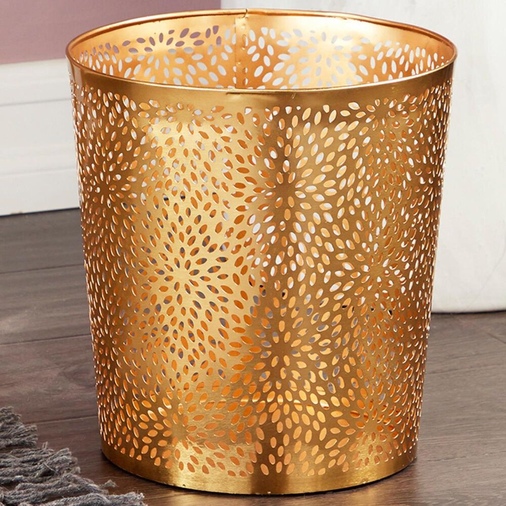 Maple and Jade Small Round Metal Waste Basket in Gold, , large