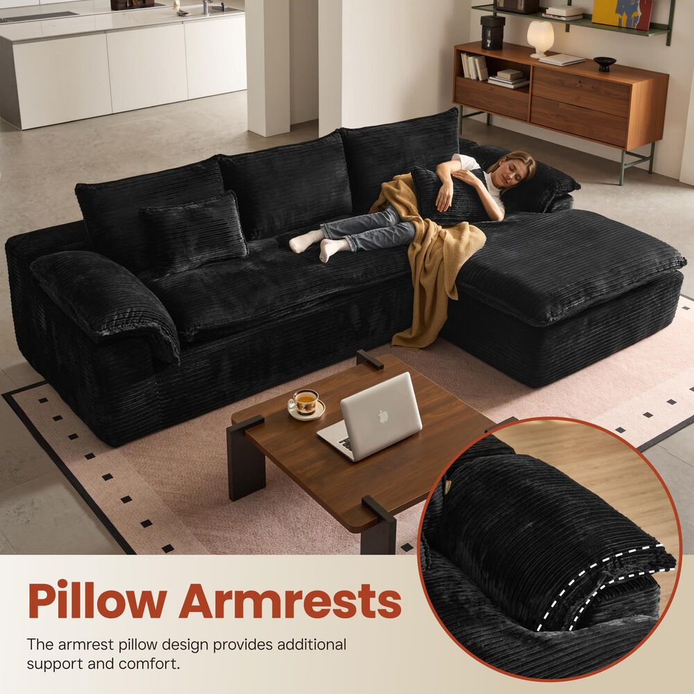 HOMLUX 112" Modern Sectional Sofa with Curved Armrests in Black, , large