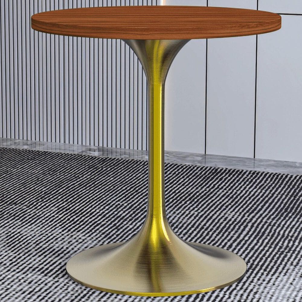 Leisuremod LeisureMod Verve Collection 27 Round Dining Table, Brushed Gold Base with Cognac Brown MDF Top, , large