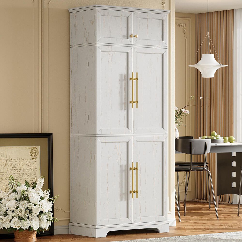 HOMLUX HOMLUX 78.2" Tall Farmhouse Kitchen Pantry Cabinet with 8 Door Shelves, Storage Cabinet with 4 Adjustable Shelves, Hidden Drawer, Wine Rack, Versatile Cupboard for Kitchen, Dining &amp; Bathroom, Retro White, , large