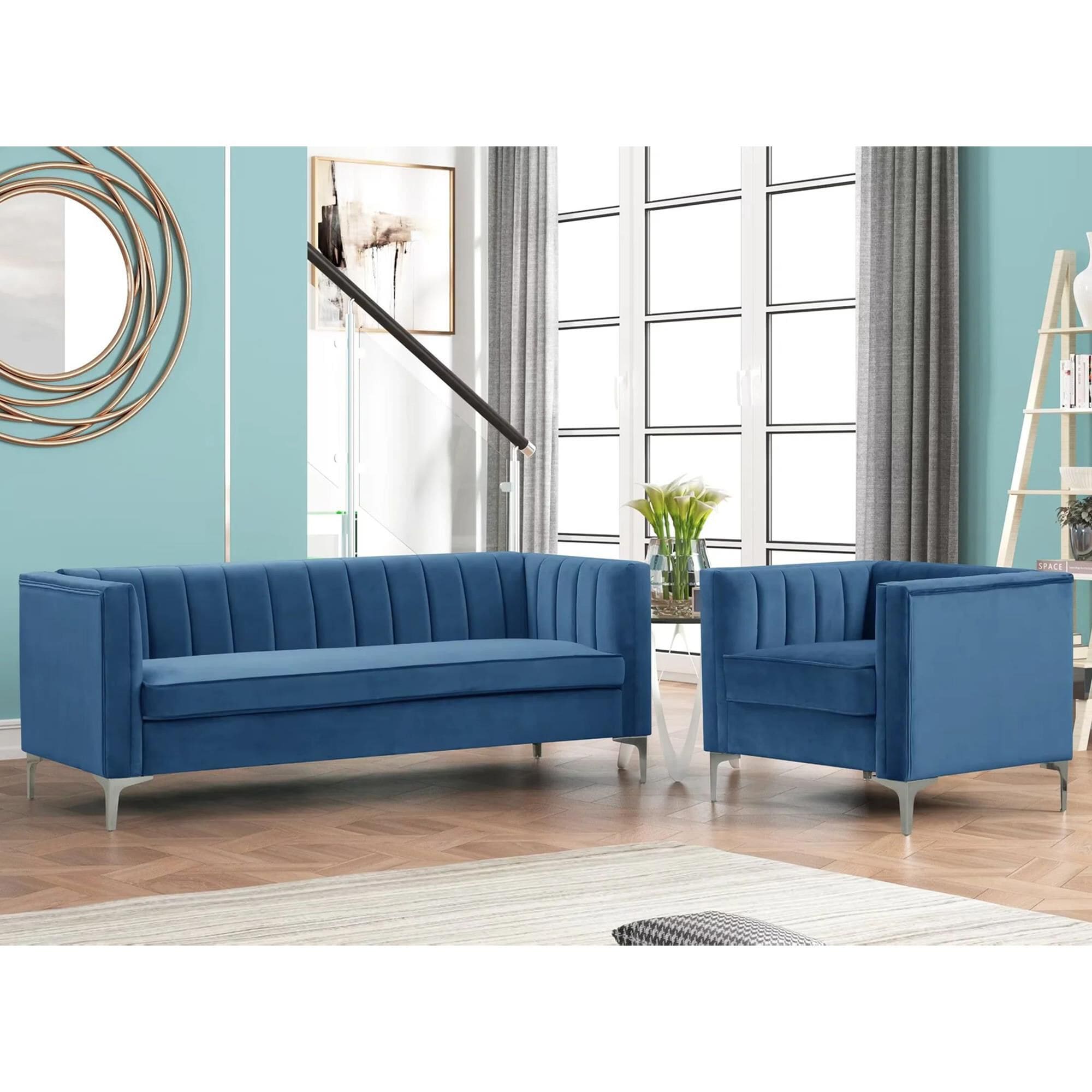 Blue velvet outlet two seater sofa