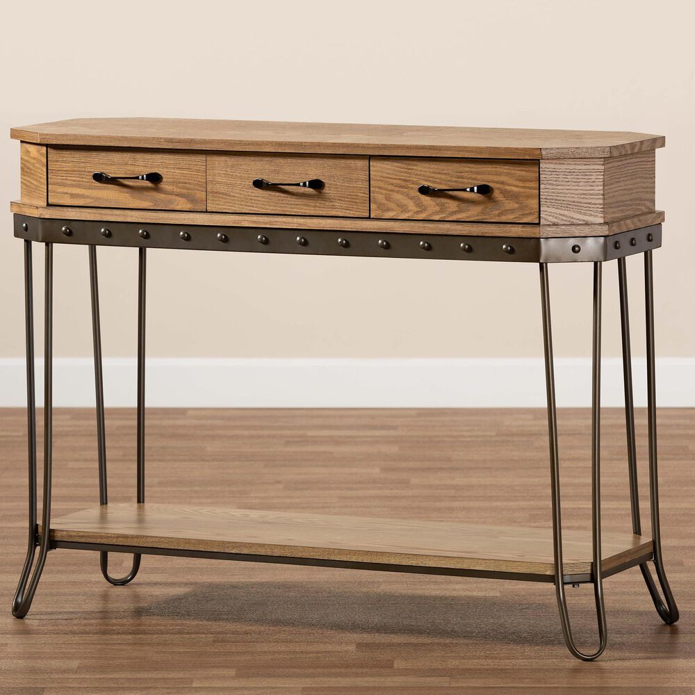Baxton Studio Kellyn 3-Drawer Console Table in Oak Brown/Black, , large