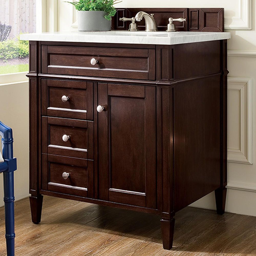 James Martin Vanities Brittany 30&quot; Single Bathroom Vanity in Burnished Mahogany with 3 cm Carrara White Marble Top and Rectangle Sink, , large