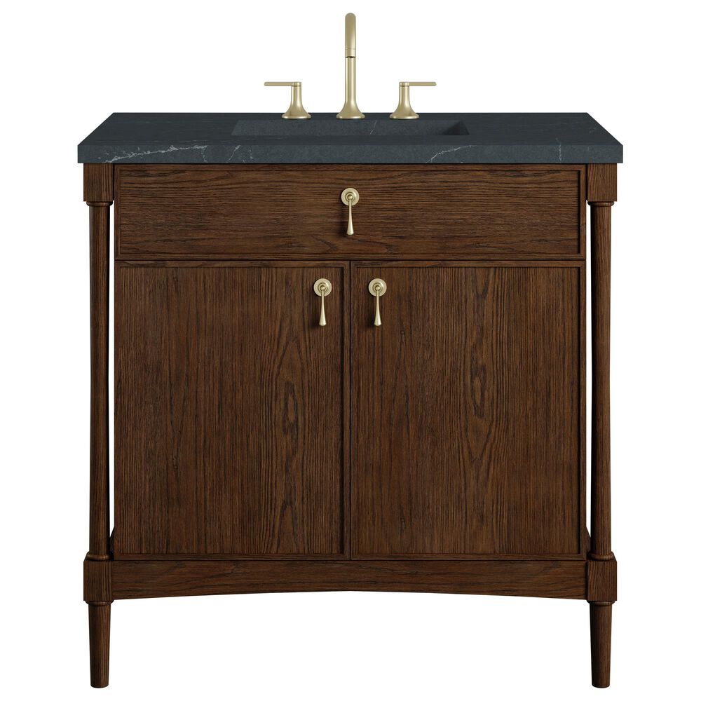 James Martin Kinnsden 36" Single Bathroom Vanity in Sable Oak with 3 cm Charcoal Soapstone Silestone Top and Rectangular Sink, , large