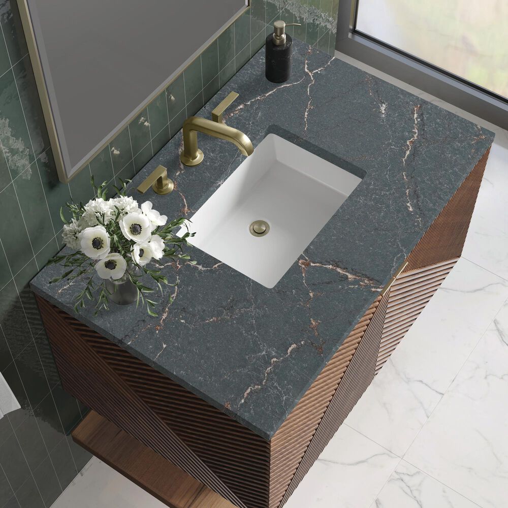 James Martin Vanities Marcello 36" Wall Mounted Single Bathroom Vanity in Chestnut with 3 cm Parisien Bleu Quartz Top and Rectangular Sink, , large