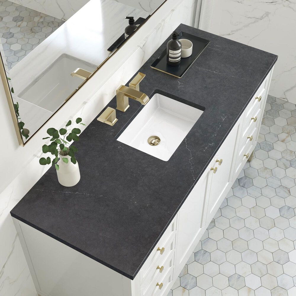 James Martin Vanities Chicago 60&quot; Single Bathroom Vanity in Glossy White with 3 cm Charcoal Soapstone Quartz Top and Rectangular Sink, , large