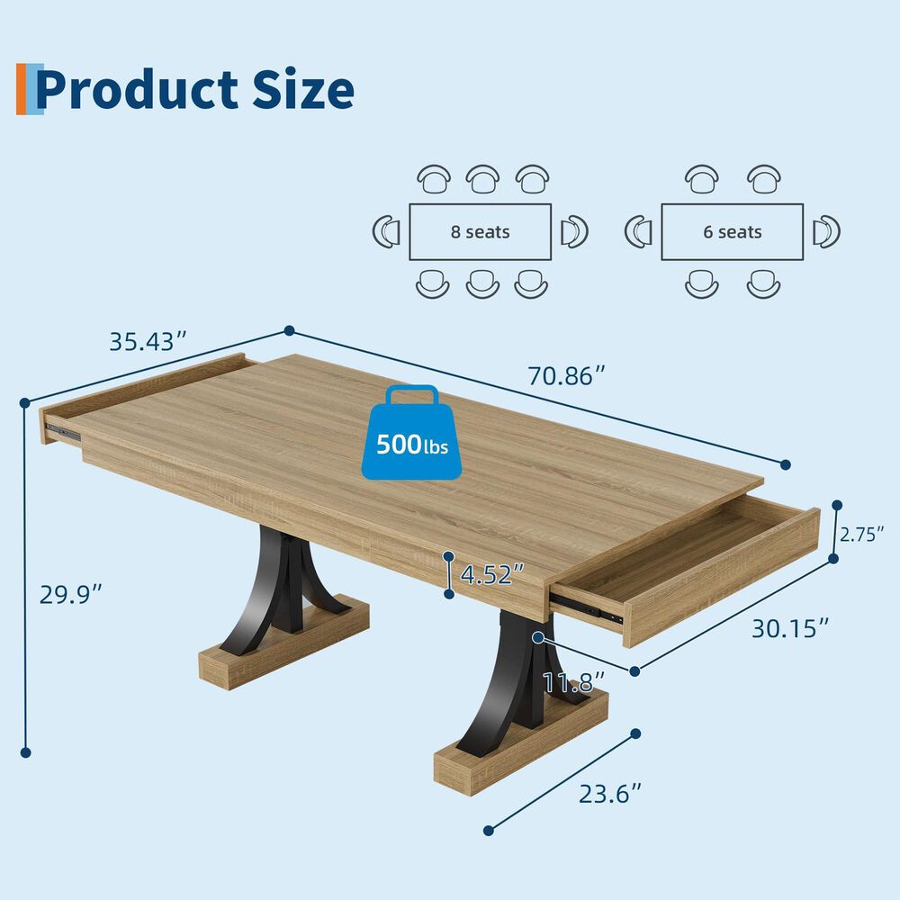 GARVEE 71" Rectangular Dining Table with Two Storage Drawers in Aged Natural - Table Only, , large