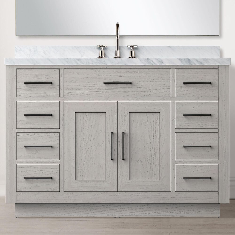 Lexora Home Abbey 48&quot; Single Bathroom Vanity in White Oak with 2 cm White Carrara Marble Top and Rectangular Sink, , large