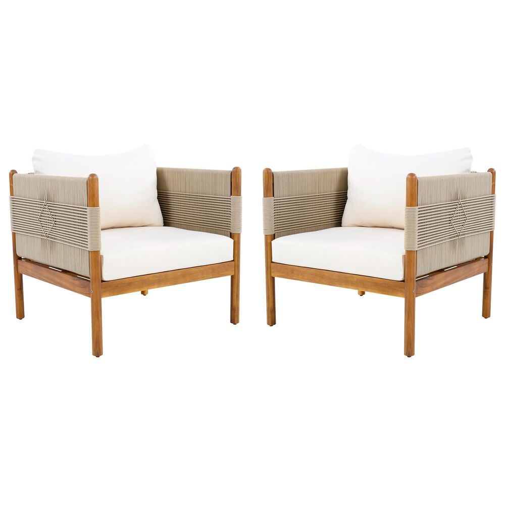 Hearth and Haven Outdoor Club Chair with Diamond Pattern Rope and Light Teak Frame in Cream (Set of 2), , large
