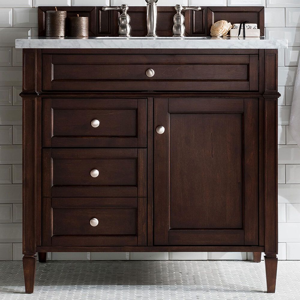 James Martin Vanities Brittany 36&quot; Single Bathroom Vanity in Burnished Mahogany with 3 cm Carrara White Marble Top and Rectangle Sink, , large