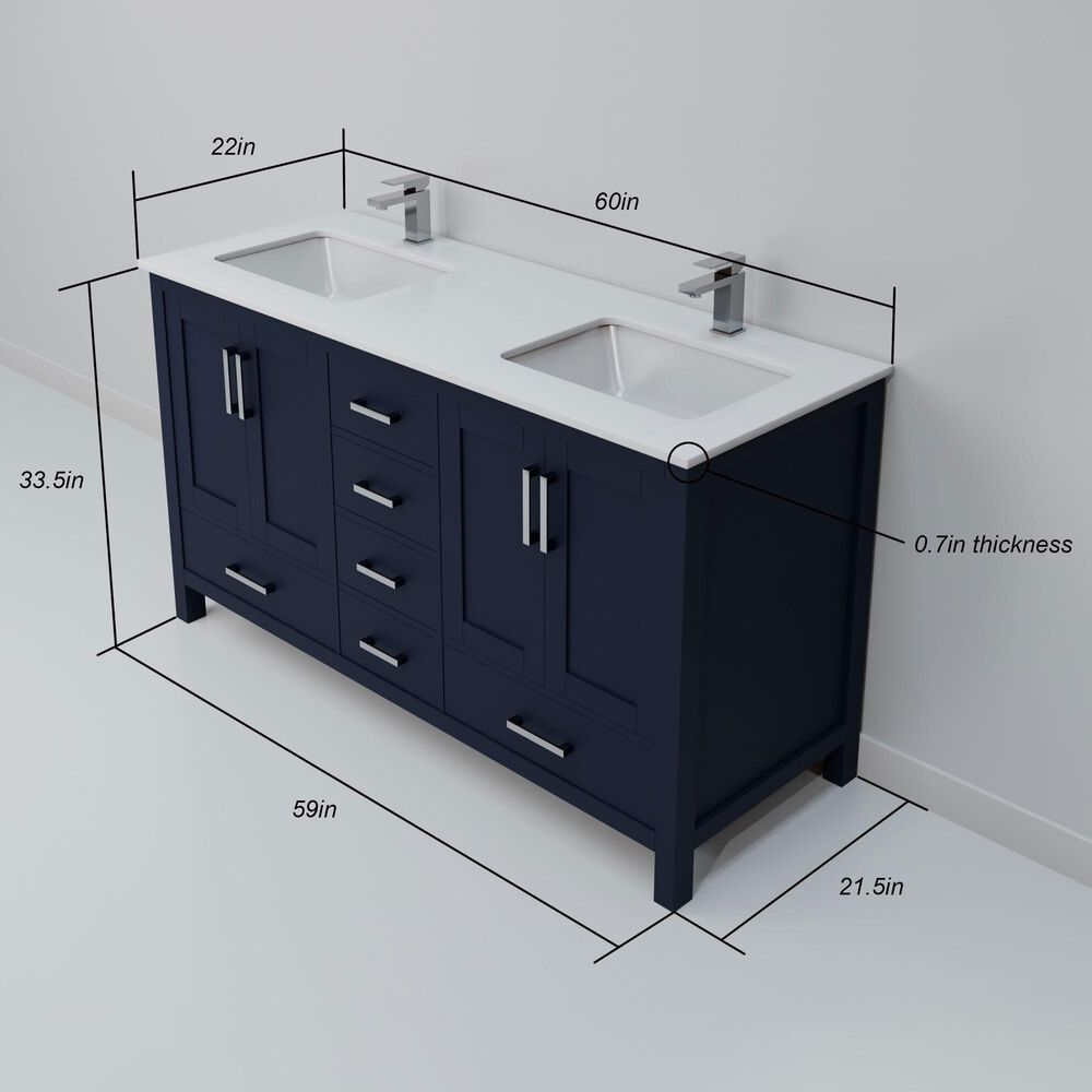 Lexora Home Jacques 60" Double Bathroom Vanity in Navy Blue with 2 cm White Quartz Top and Rectangular Sinks, , large