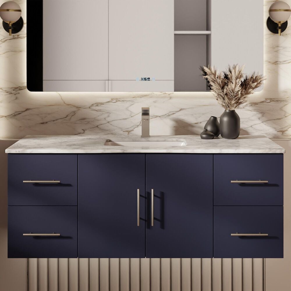 Lexora Home Geneva 48&quot; Single Bathroom Vanity in Navy Blue with 2 cm White Carrara Marble Top and Rectangular Sink, , large