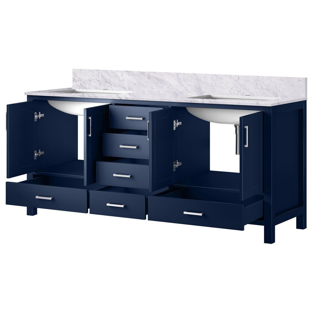 Lexora Home Jacques 72&quot; Double Bathroom Vanity in Navy Blue with 2 cm White Carrara Marble Top and Rectangular Sinks, , large