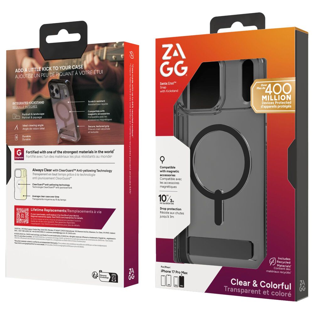 Zagg Santa Cruz Snap for MagSafe Clear Phone Case with Stand for iPhone 17 Pro Max in Midnight Black, , large