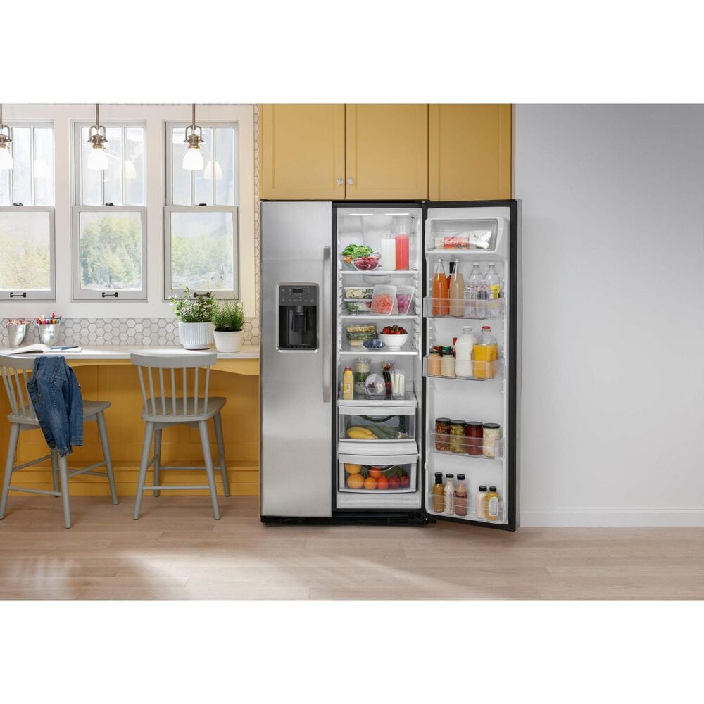 GE Appliances 23 Cu. Ft. Side by Side Refrigerator with External Dispenser in Fingerprint Resistant Stainless Steel, , large